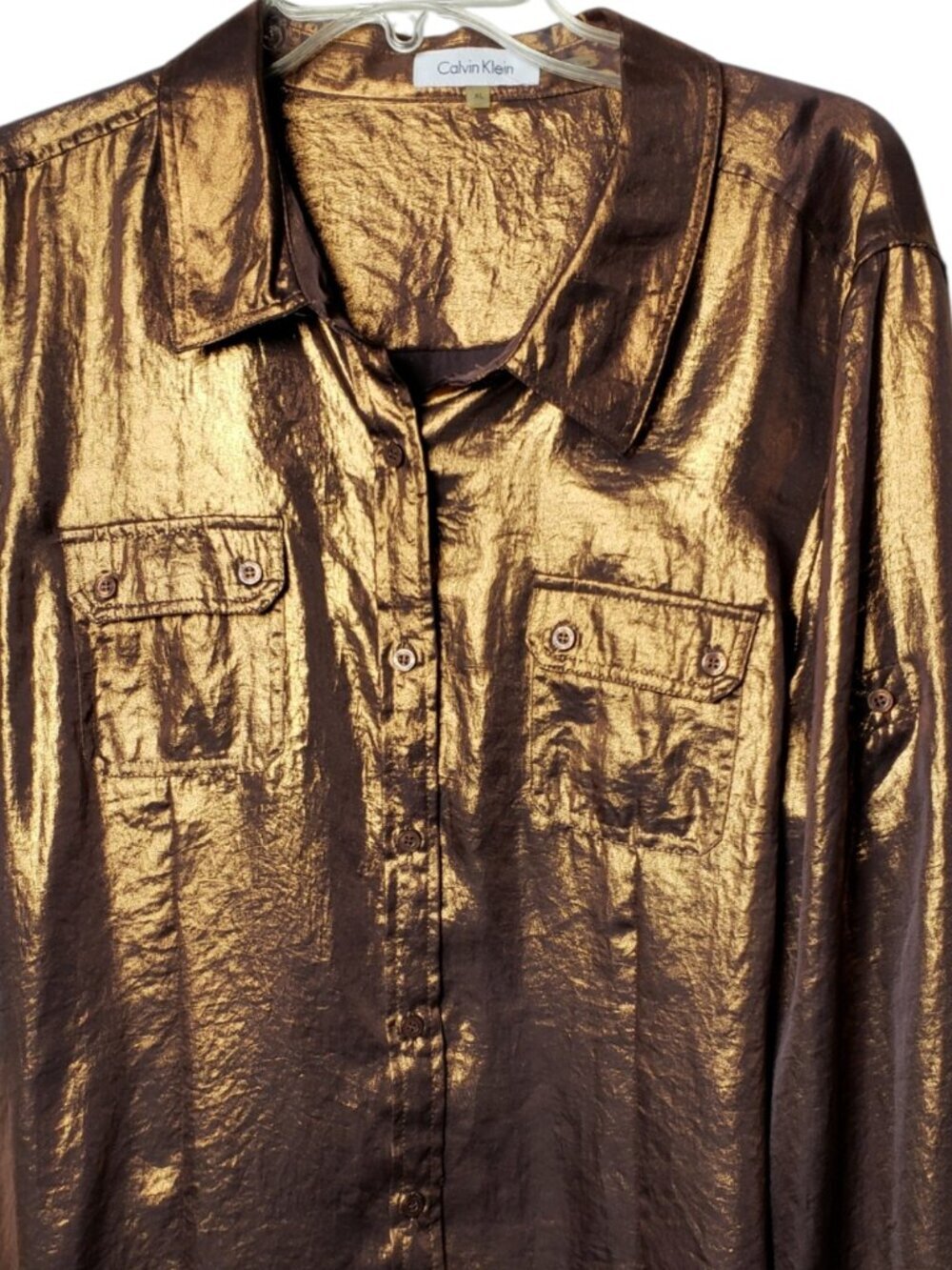 Calvin Klein Button Up Roll Tab Sleeves Womens Shirt Metallic Bronze XLarge - Picture 10 of 12